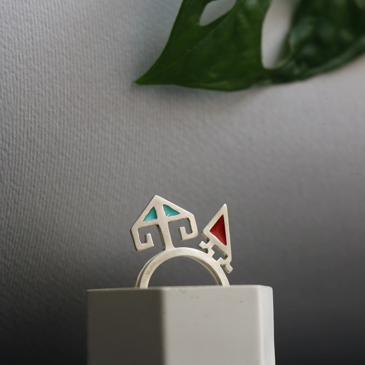 handmade minimalist matching silver rings with blue and red enamel