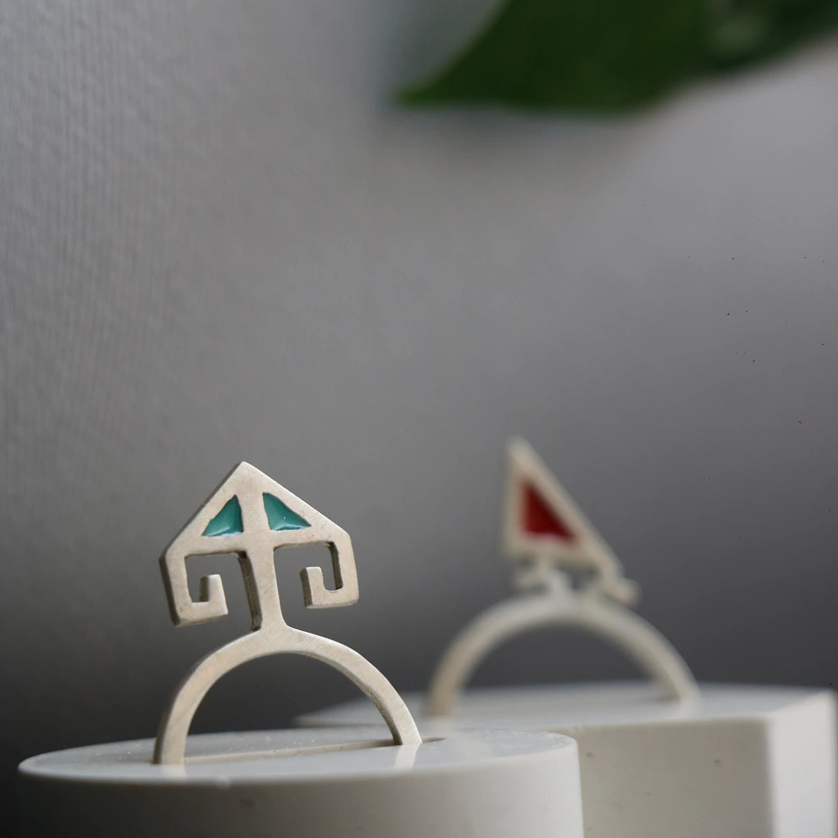 handmade minimalist matching silver rings with blue and red enamel