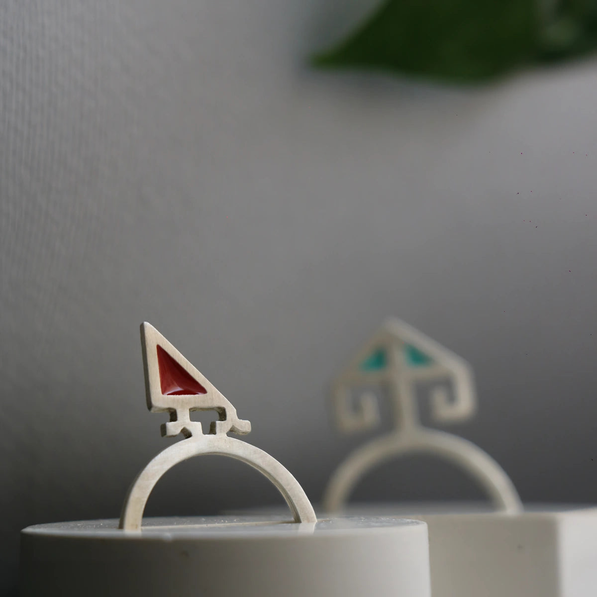 handmade minimalist matching silver rings with blue and red enamel