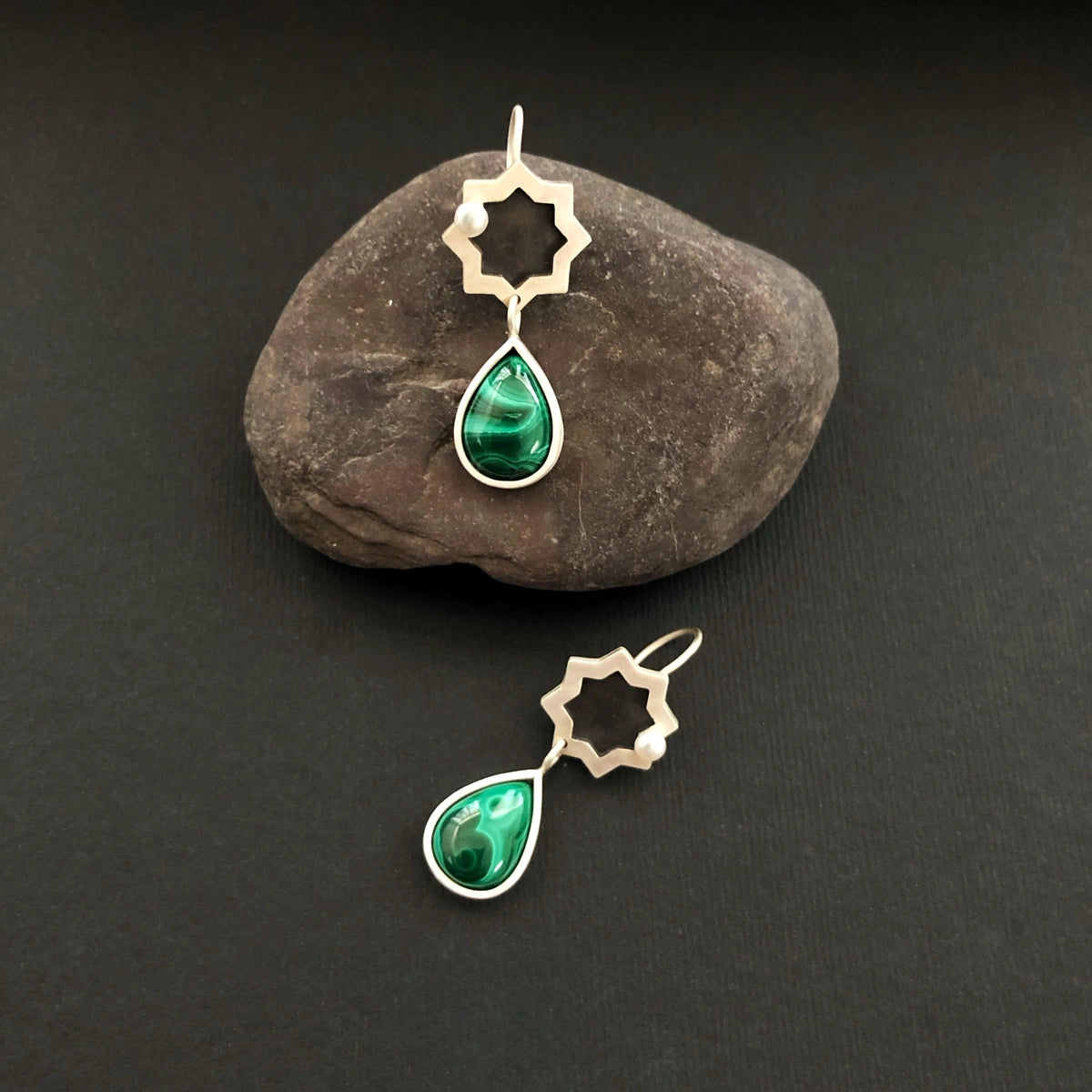handmade silver star drop earrings with malachite and pearl