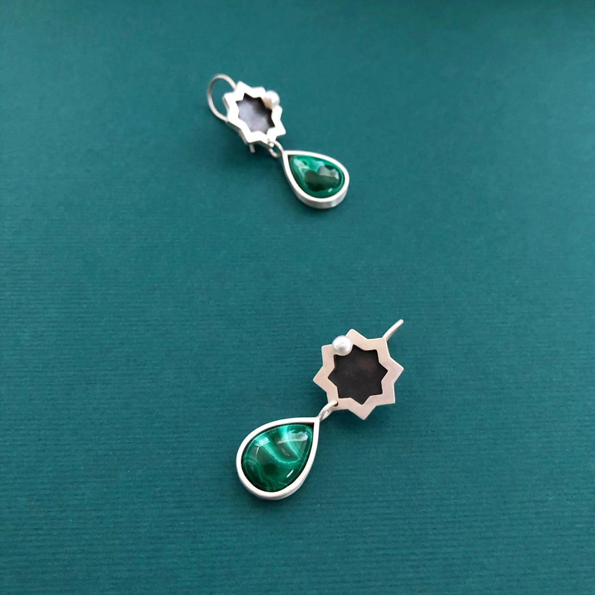 handmade silver star drop earrings with malachite and pearl