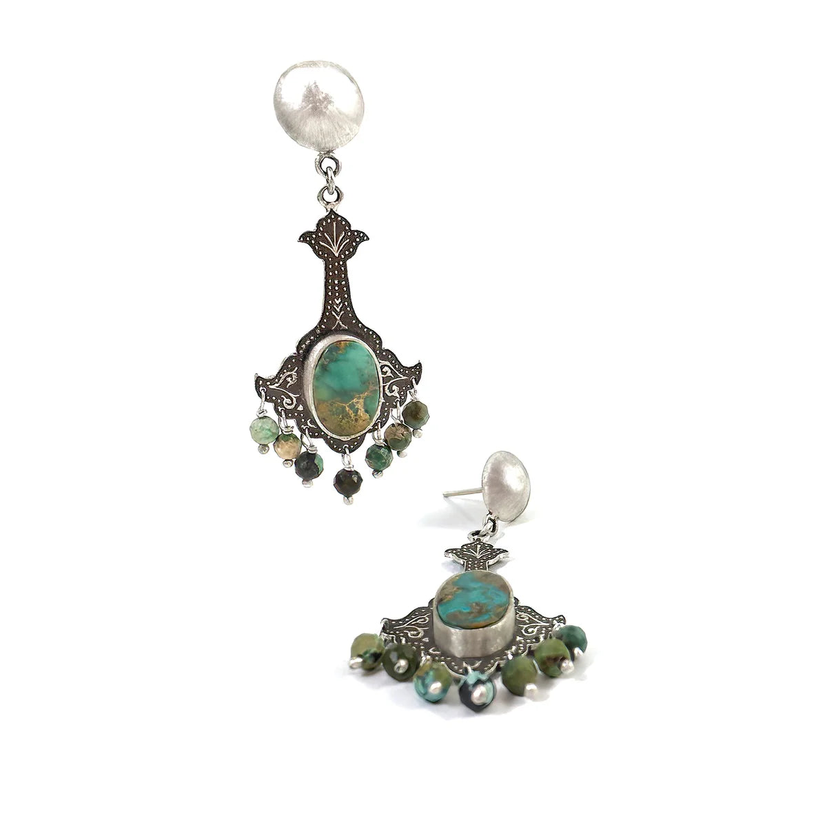 Handmade silver chandelier earrings decorated with turquoise gemstones.