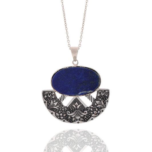 hand-engraved silver pendant necklace with floral motifs and lapis lazuli
