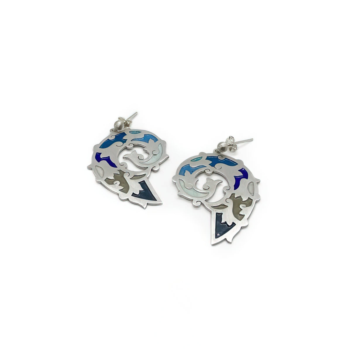 handmade dangle silver earrings decorated with blue enamel