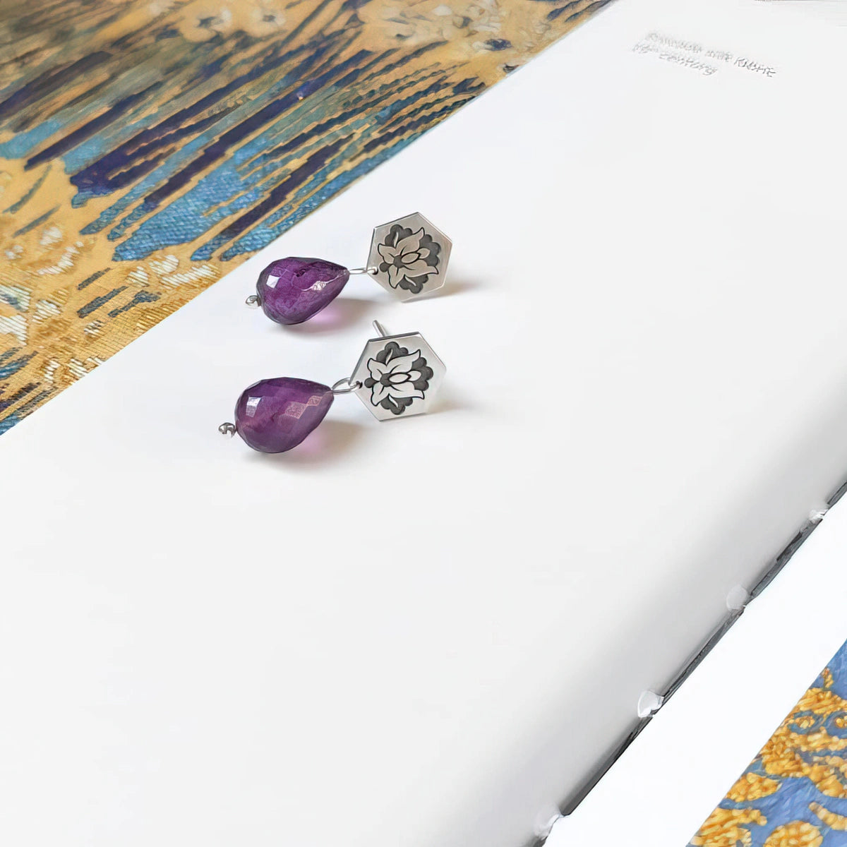 handmade oxidized silver dangle earrings with amethyst