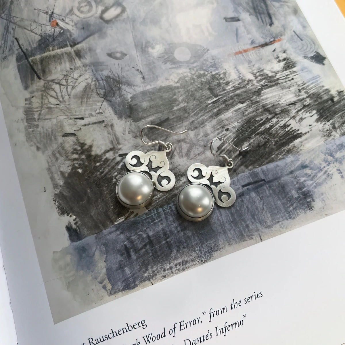 handmade oxidized silver shell drop earrings