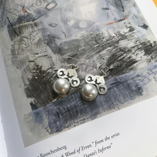 handmade oxidized silver shell drop earrings