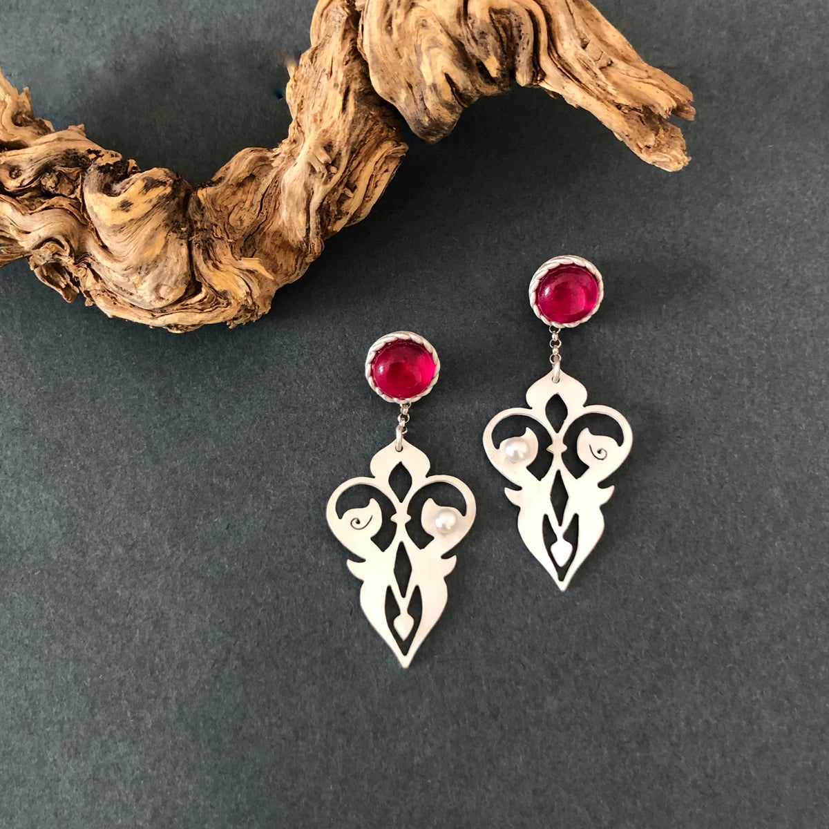 handmade silver two way earrings with ruby and pearls