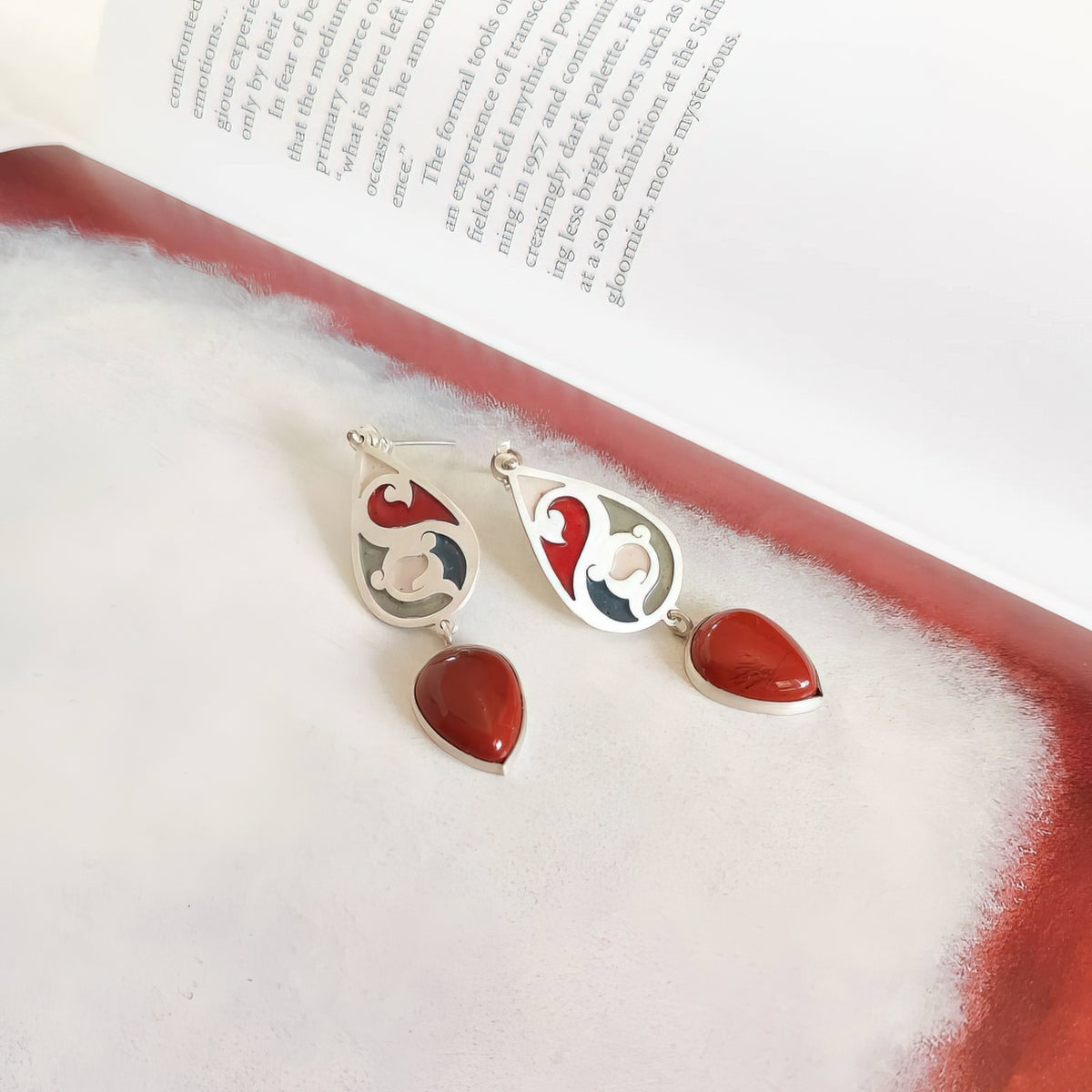 handmade silver and enamel dangle earrings decorated with red jasper