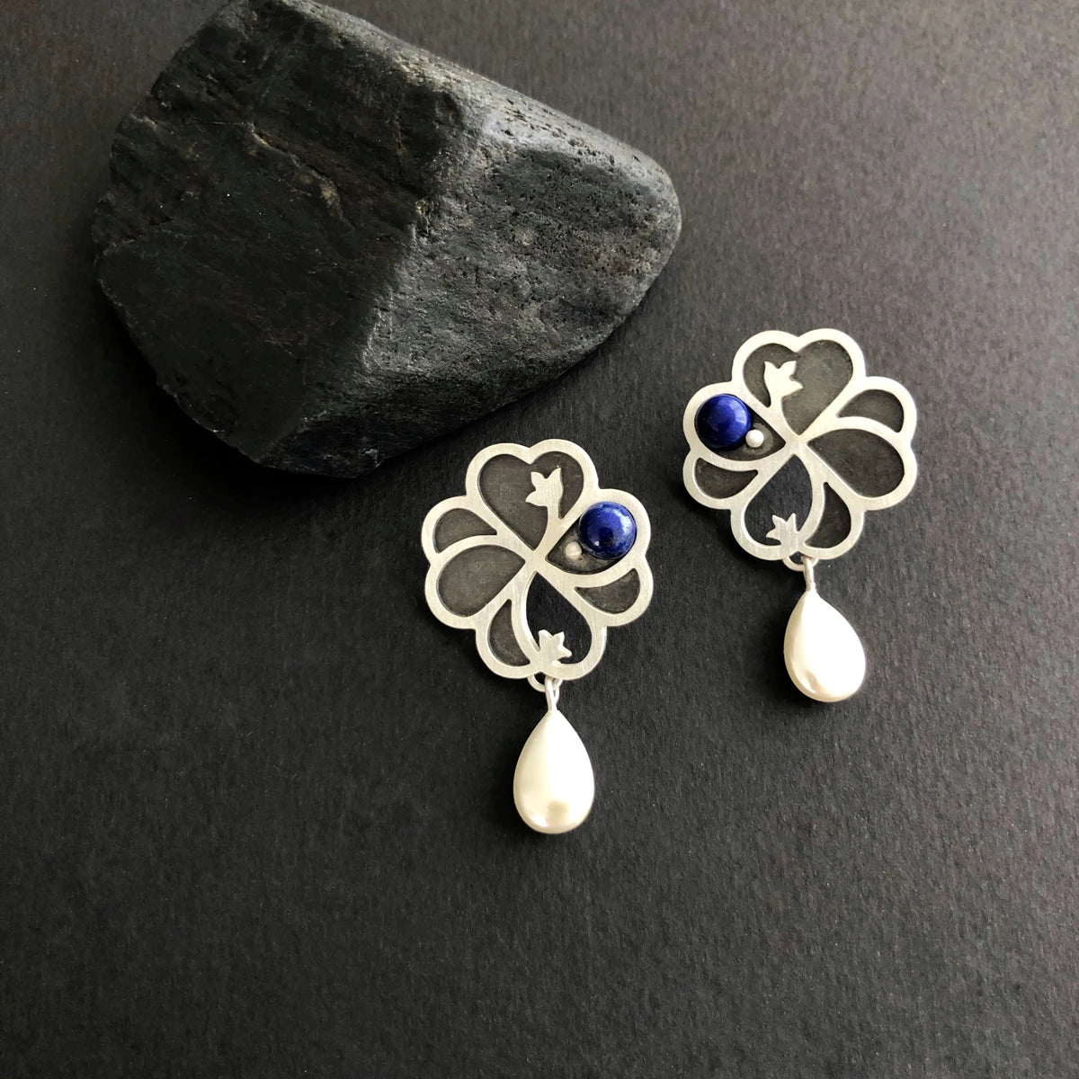 handmade silver openwork flower stud earrings with teardrop pearls and lapis lazuli