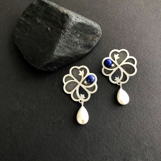 handmade silver openwork flower stud earrings with teardrop pearls and lapis lazuli