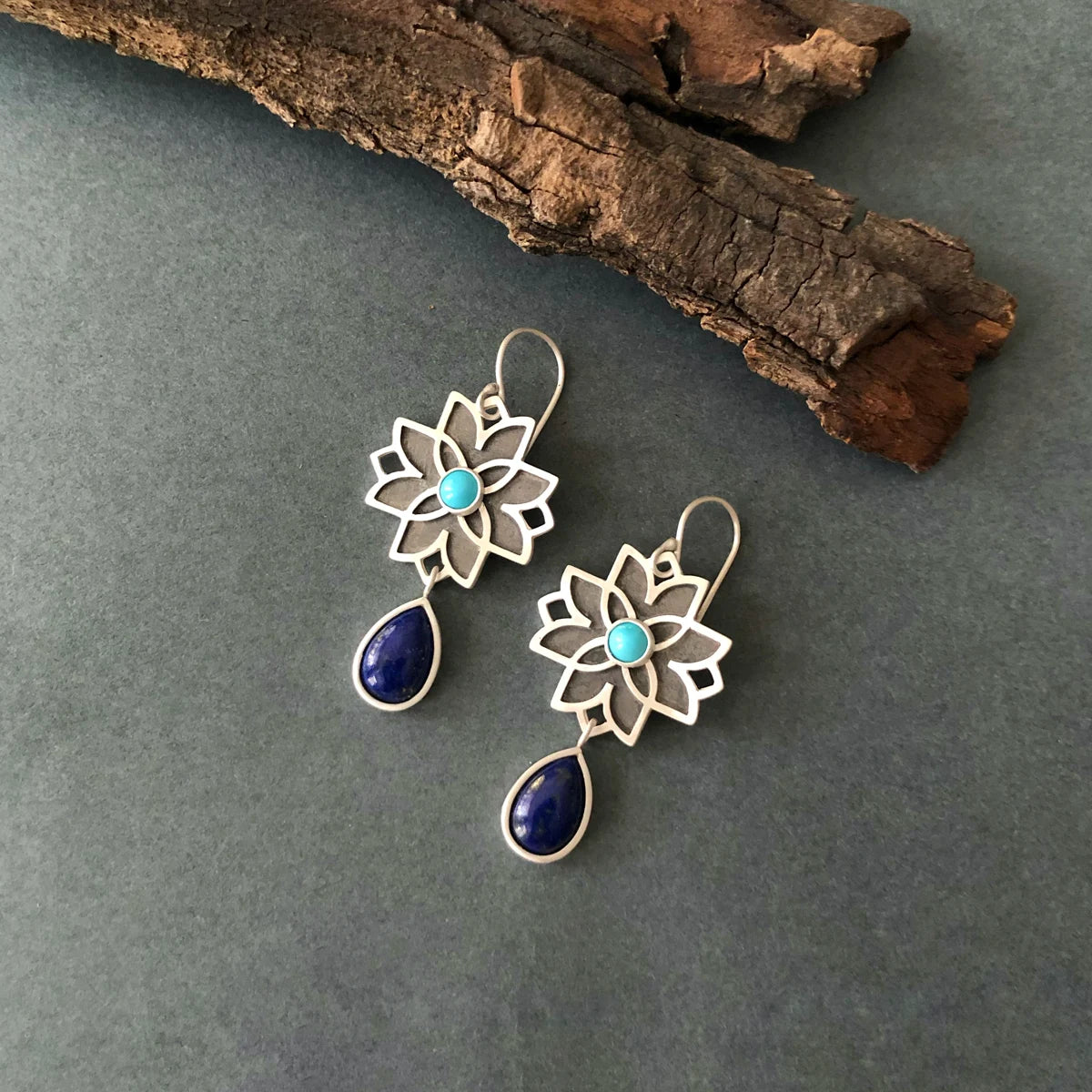 handmade silver drop flower earrings with lapis lazuli & turquoise
