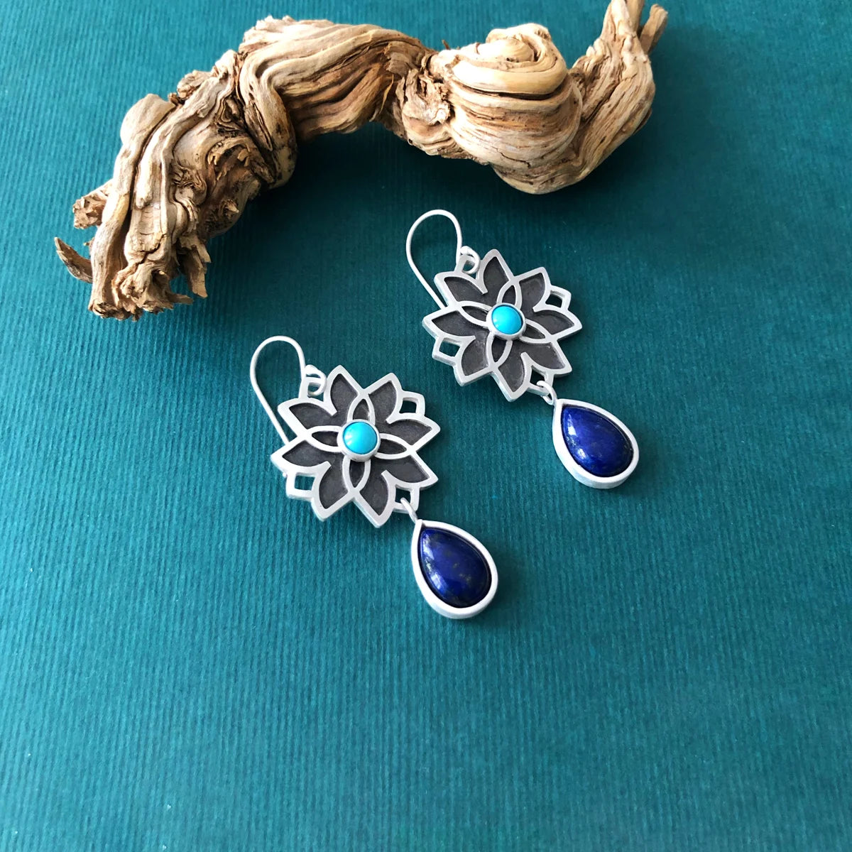 handmade silver drop flower earrings with lapis lazuli & turquoise