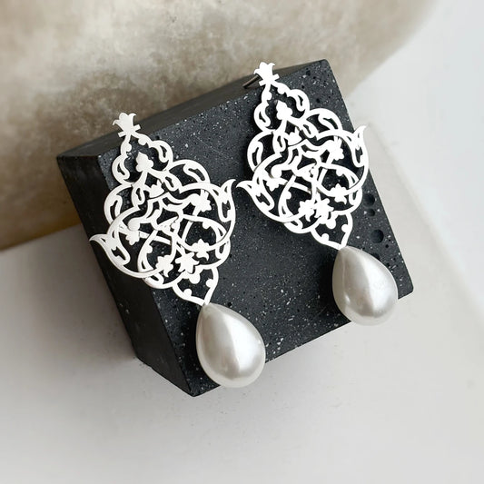 Handmade silver lattice earrings with faux pearl teardrops and openwork floral arabesque design