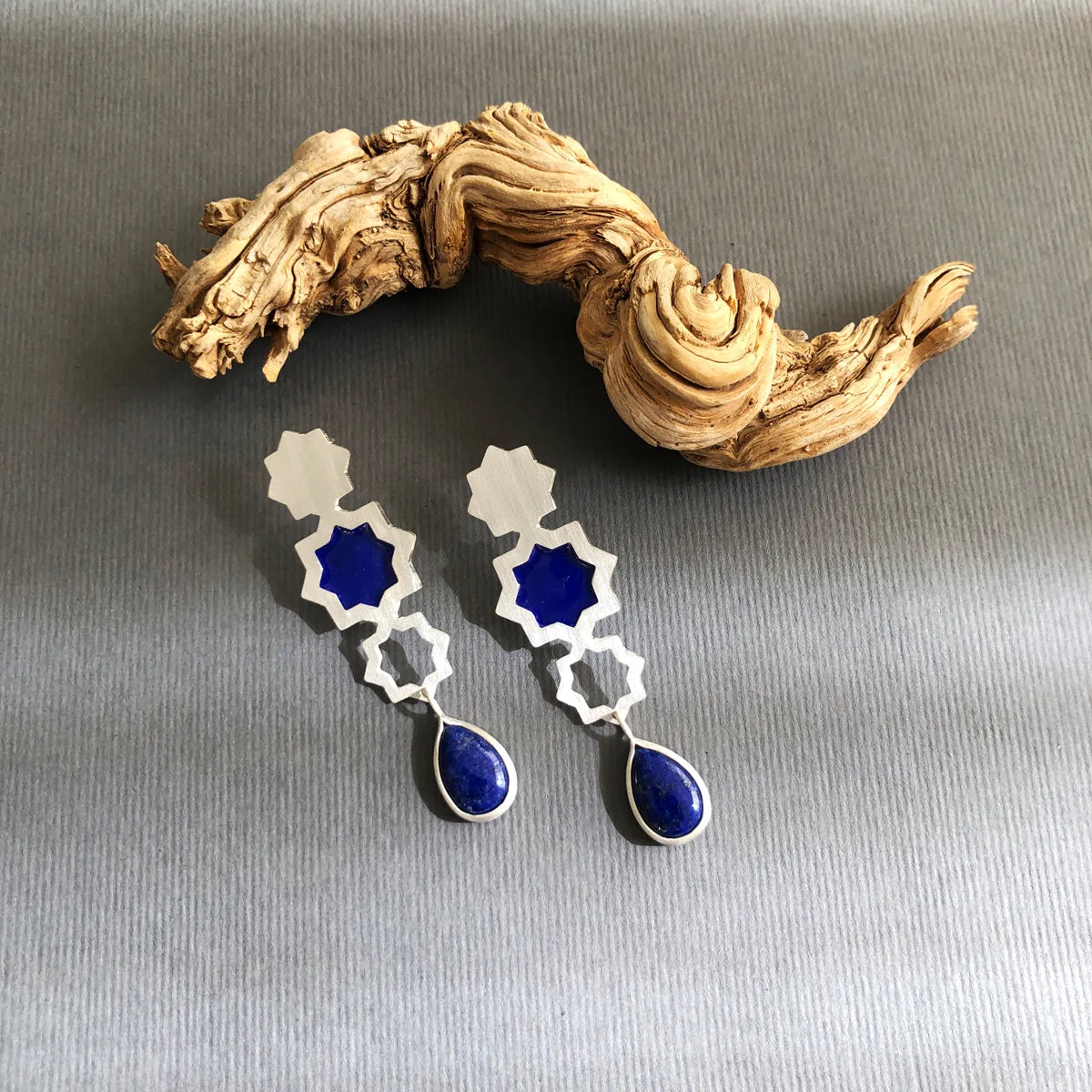 handmade silver stars drop earrings with blue enamel and teardrop lapis lazuli