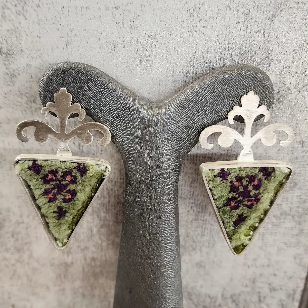 handmade silver drop statement earings with Persian rug decoration