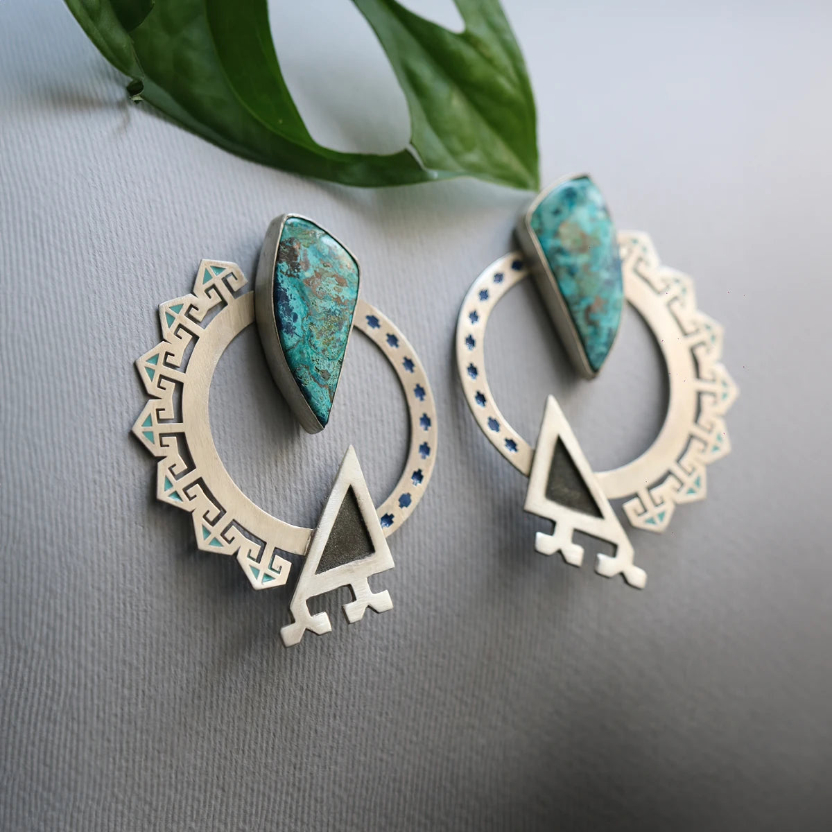 handmade silver and enamel statement earring with shattuckite and oxidized silver accents.