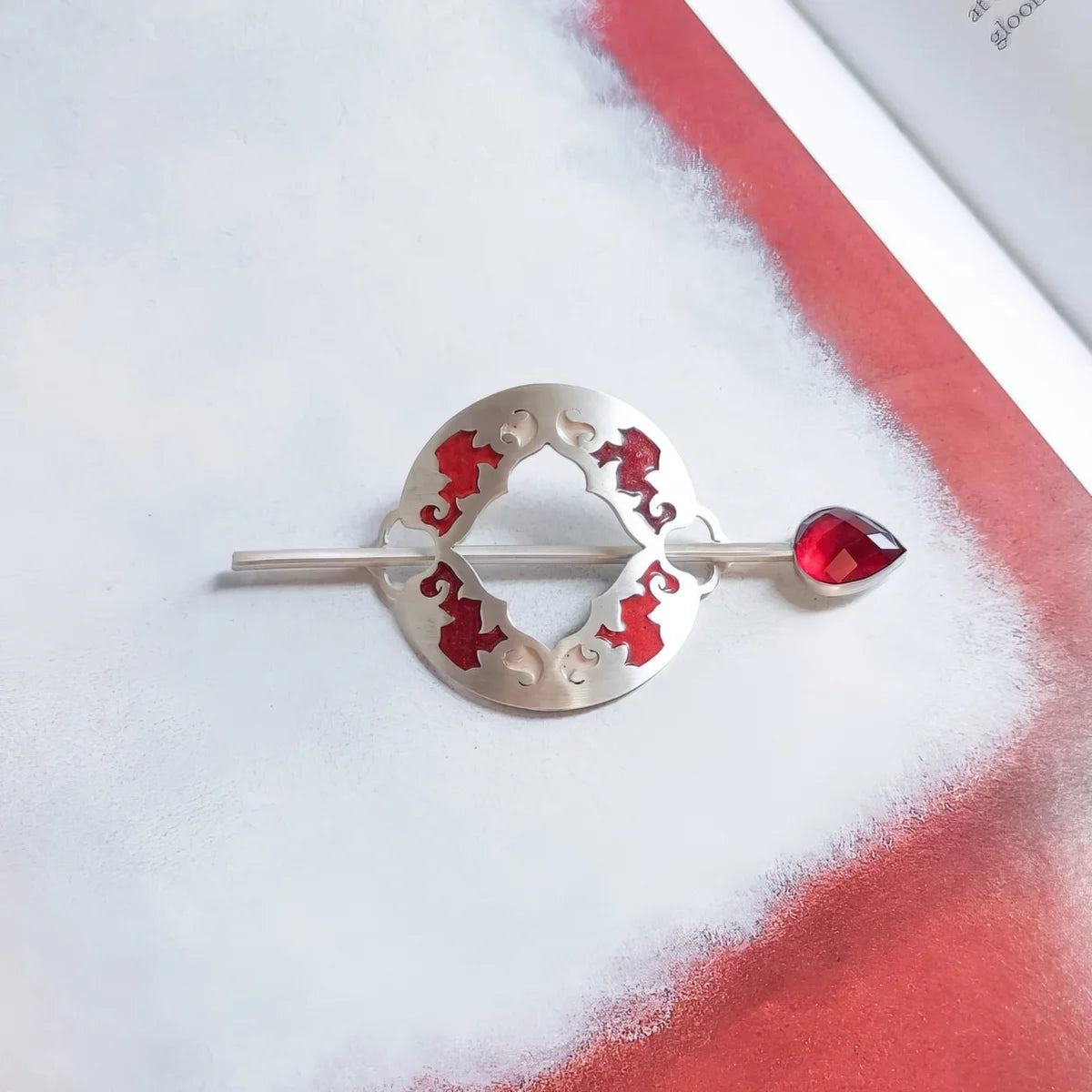handmade silver and enamel stick barrette hair pin with red cubic zirconia