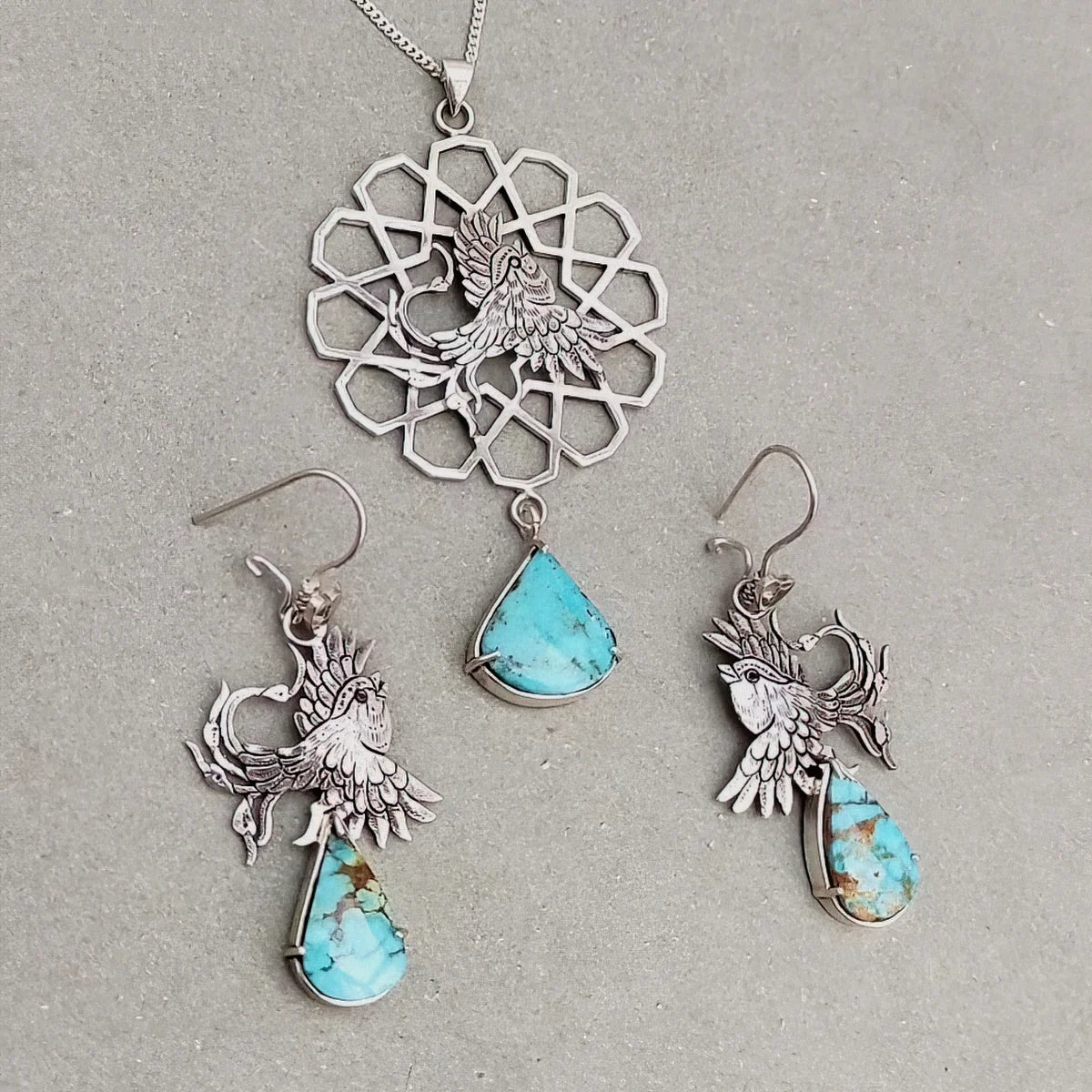 hand-engraved openwork geometric rosette with Phoenix Necklace and bird earrings with turquoise