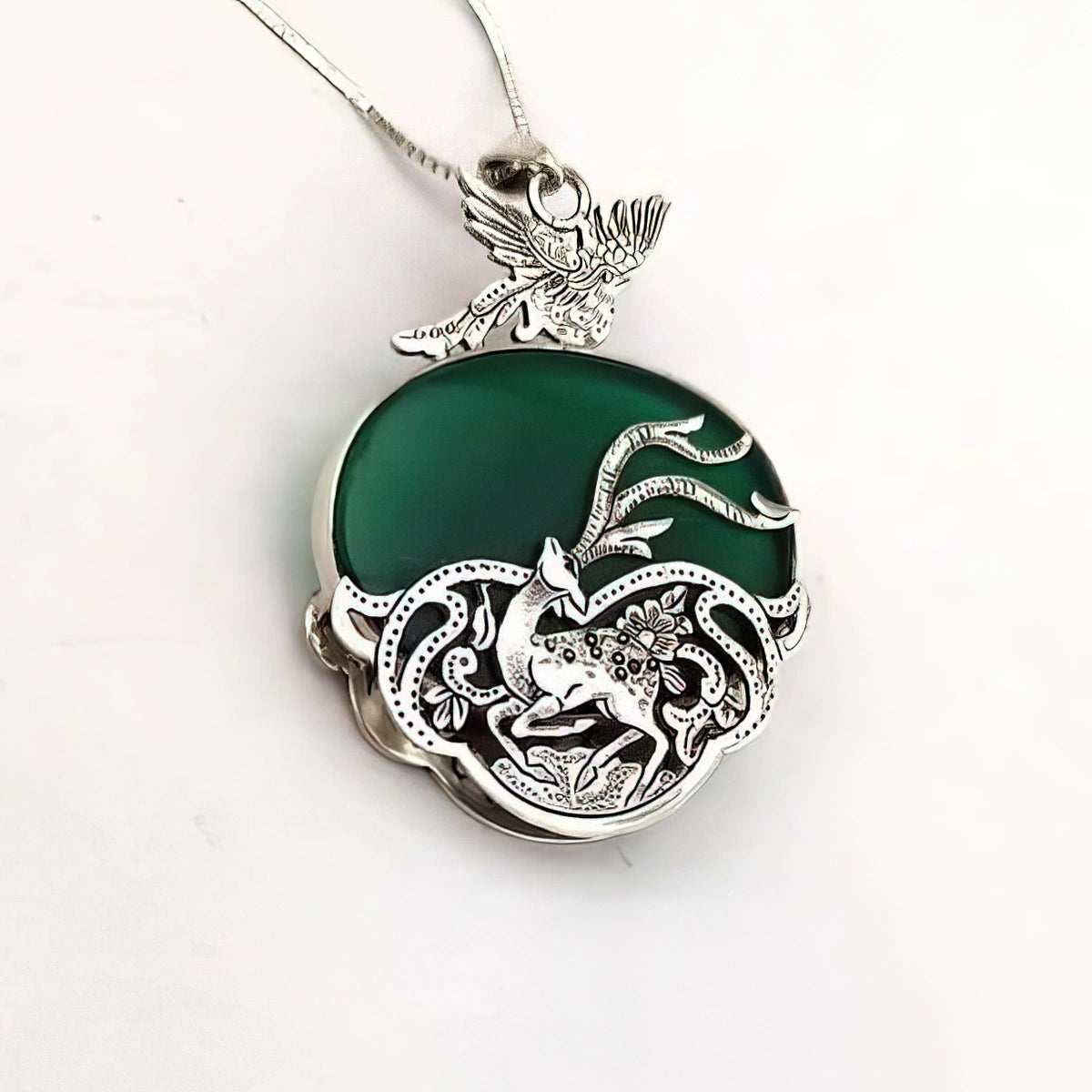 Hand-Engraved Silver bird and Gazelle Statement pendant necklace with Green Agate