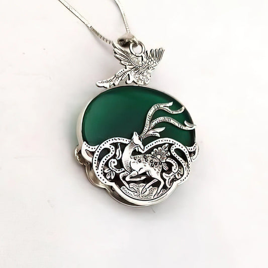 Hand-Engraved Silver bird and Gazelle Statement pendant necklace with Green Agate