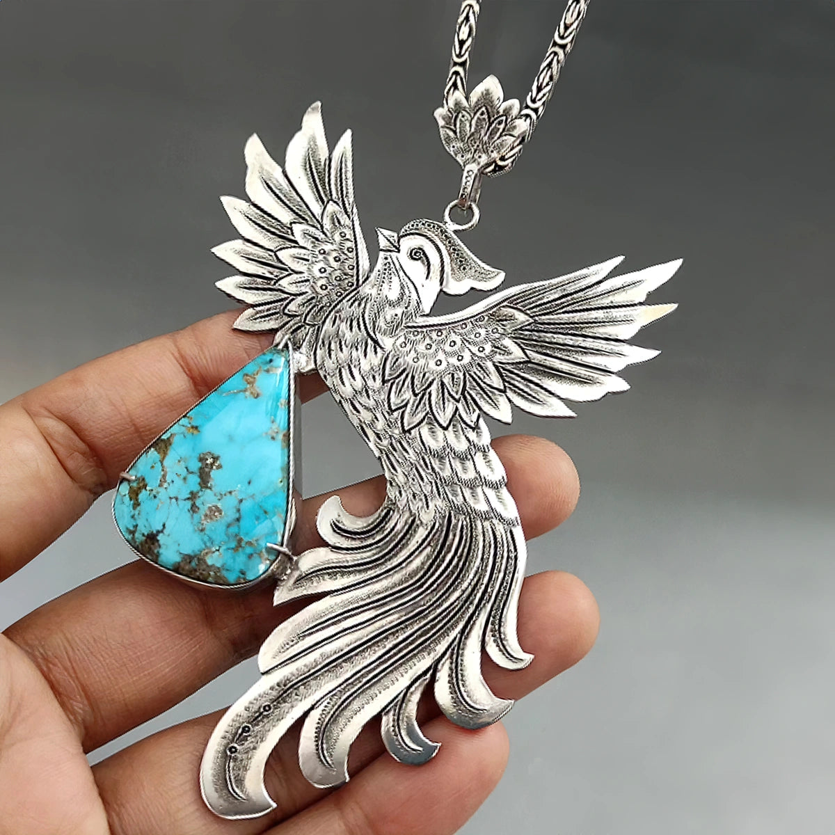 heirloom hand engraved phoenix silver statement pendant necklace with turquoise