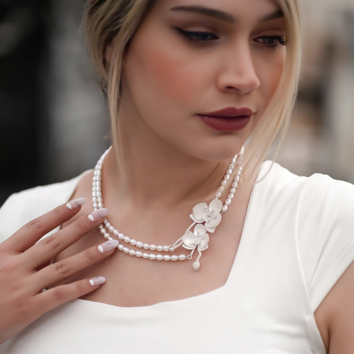 handmade pearl silver necklace with handmade silver orchid flowers
