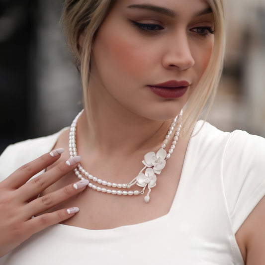 handmade pearl silver necklace with handmade silver orchid flowers
