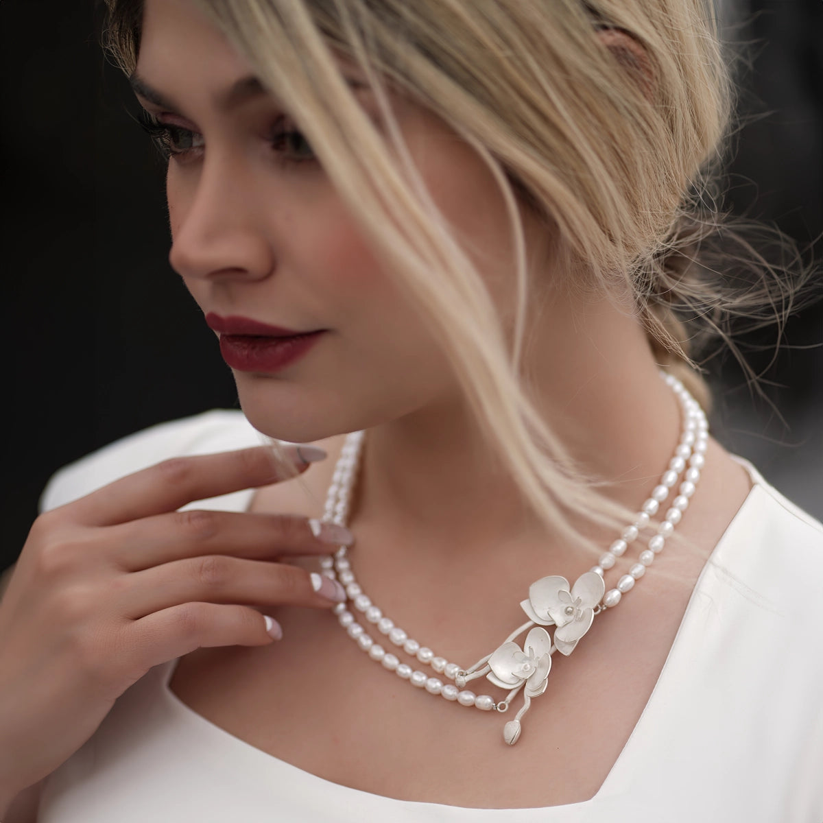 handmade pearl silver necklace with handmade silver orchid flowers