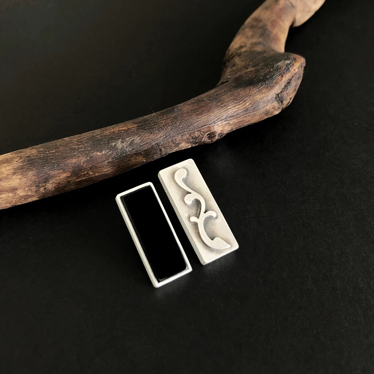 handmade mismatched rectangular silver stud earrings with onyx