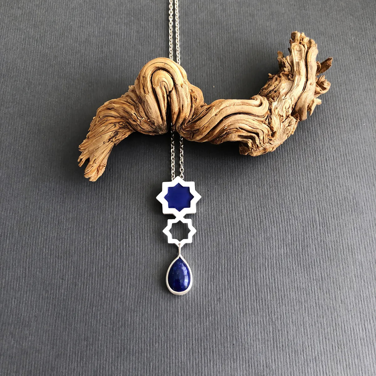 handmade silver and blue enamel stars pendant necklace with teardrop lapis lazuli
