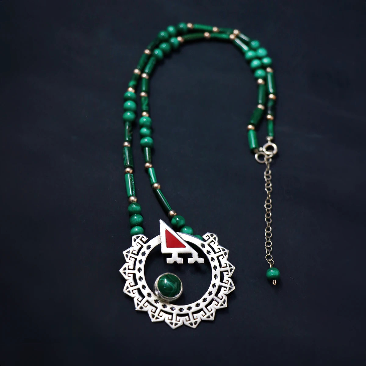 Handmade Ornate Circle Silver and Enamel Necklace with Malachite