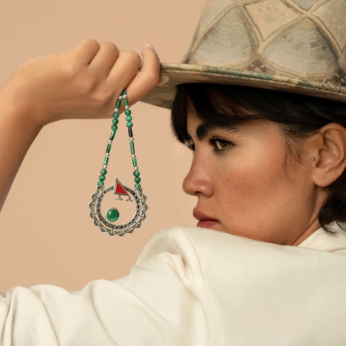Handmade Ornate Circle Silver and Enamel Necklace with Malachite