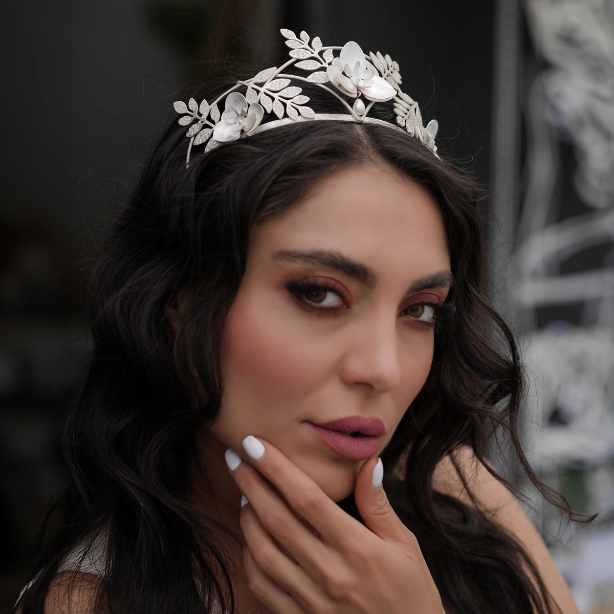 handmade silver tiara decorated with silver orchids and crystals and fake pearls