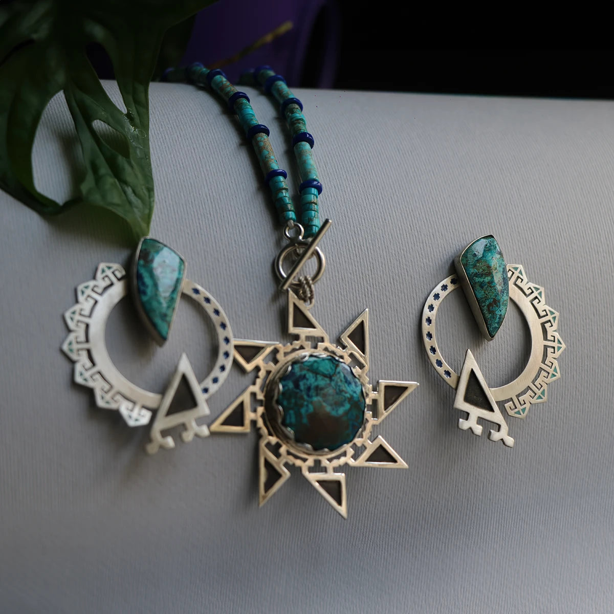 handmade set of statement necklace and earrings with shattuckite, lapis lazuli and African turquoise