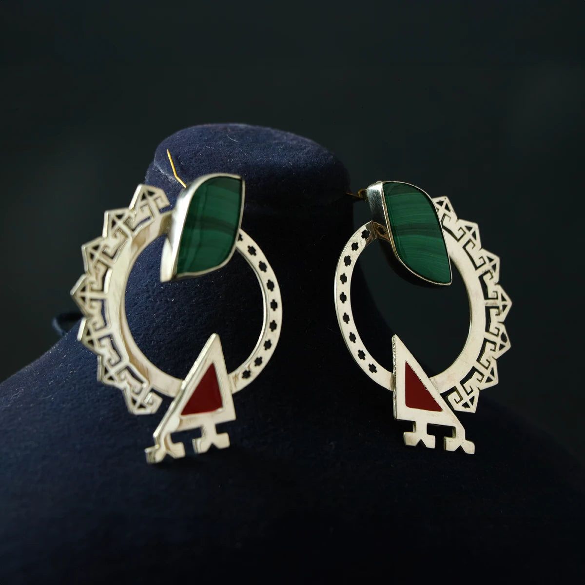 handmade ornate silver circle statement earrings with malachite and red cold enamel details