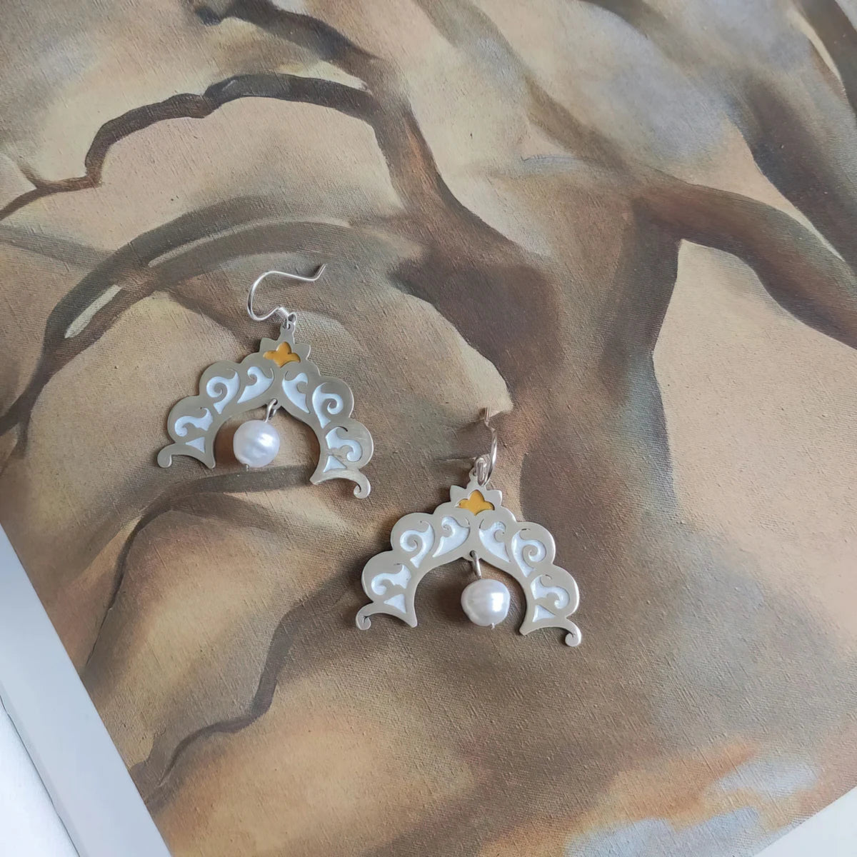 handmade silver and enamel dangle statement earrings with pearls