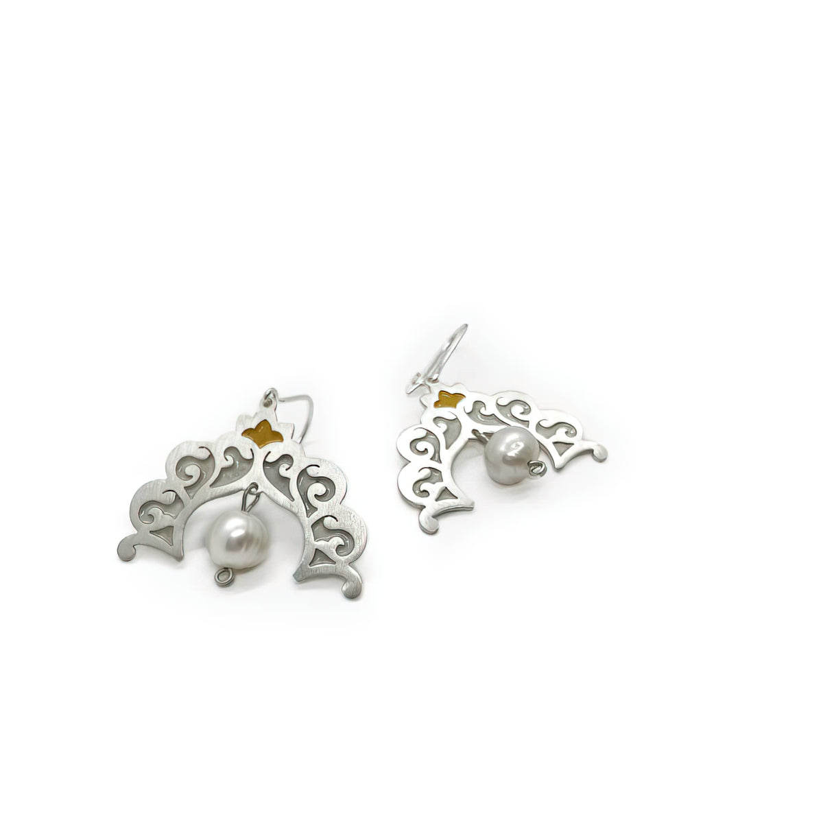 handmade silver and enamel dangle statement earrings with pearls
