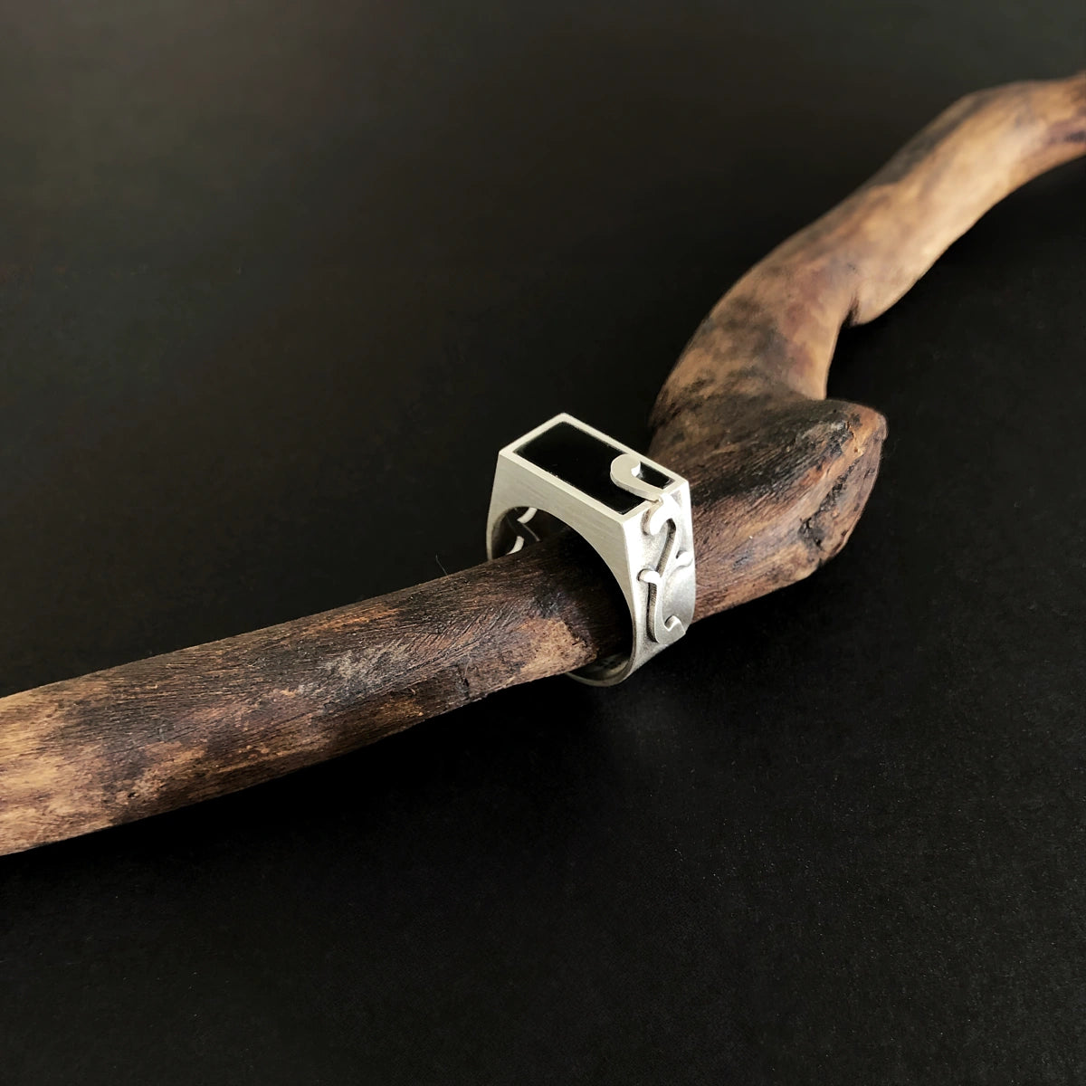handmade silver statement with rectangle onyx and floral details