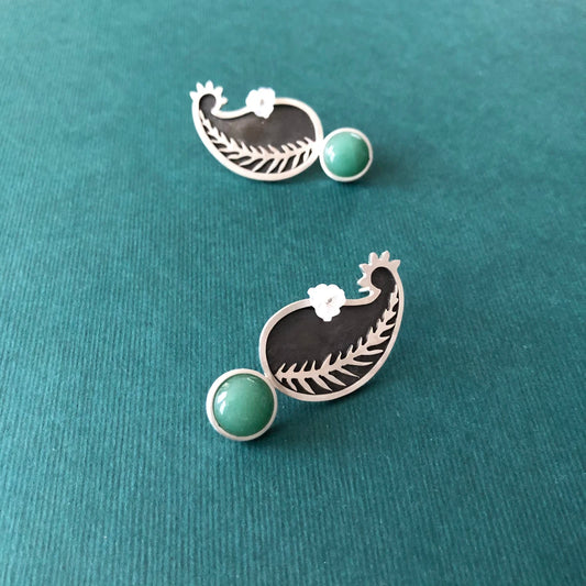 handmade silver stud earrings with mother of pearl flower and aventurine