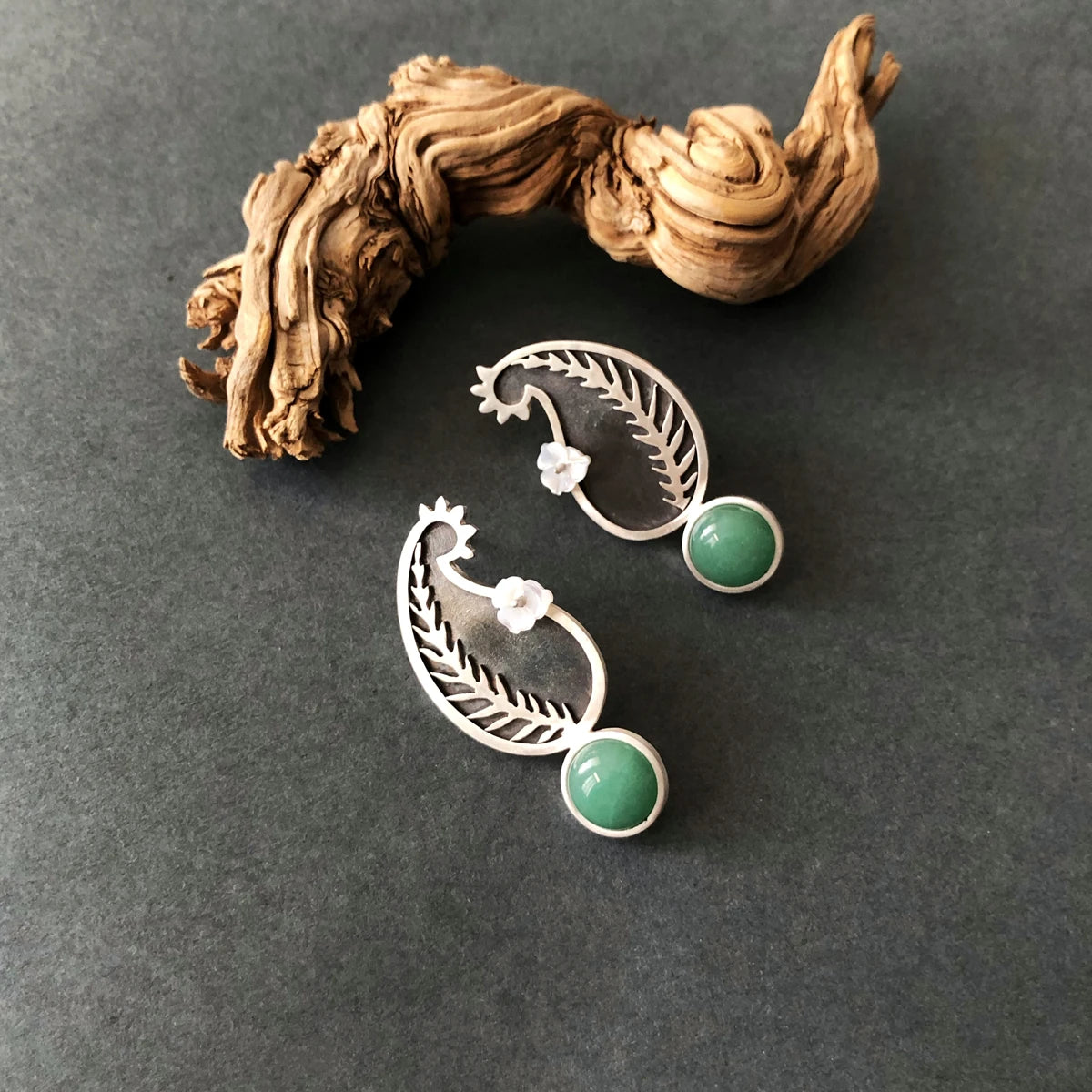 handmade silver stud earrings with mother of pearl flower and aventurine