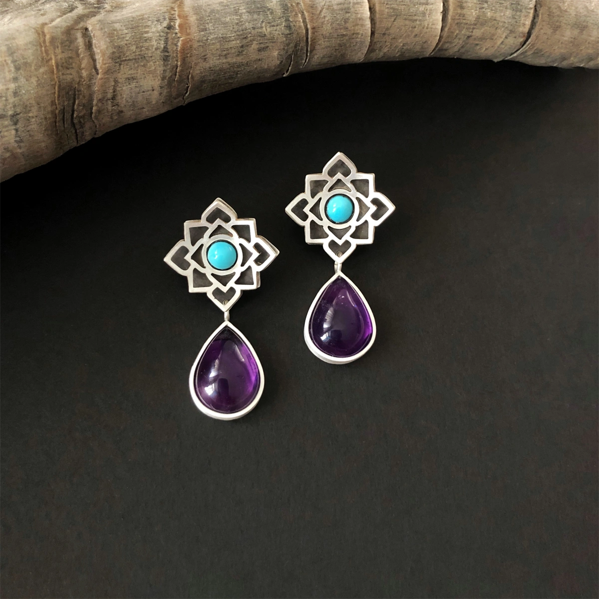 handmade geometric silver stud earrings with turquoise and amethyst
