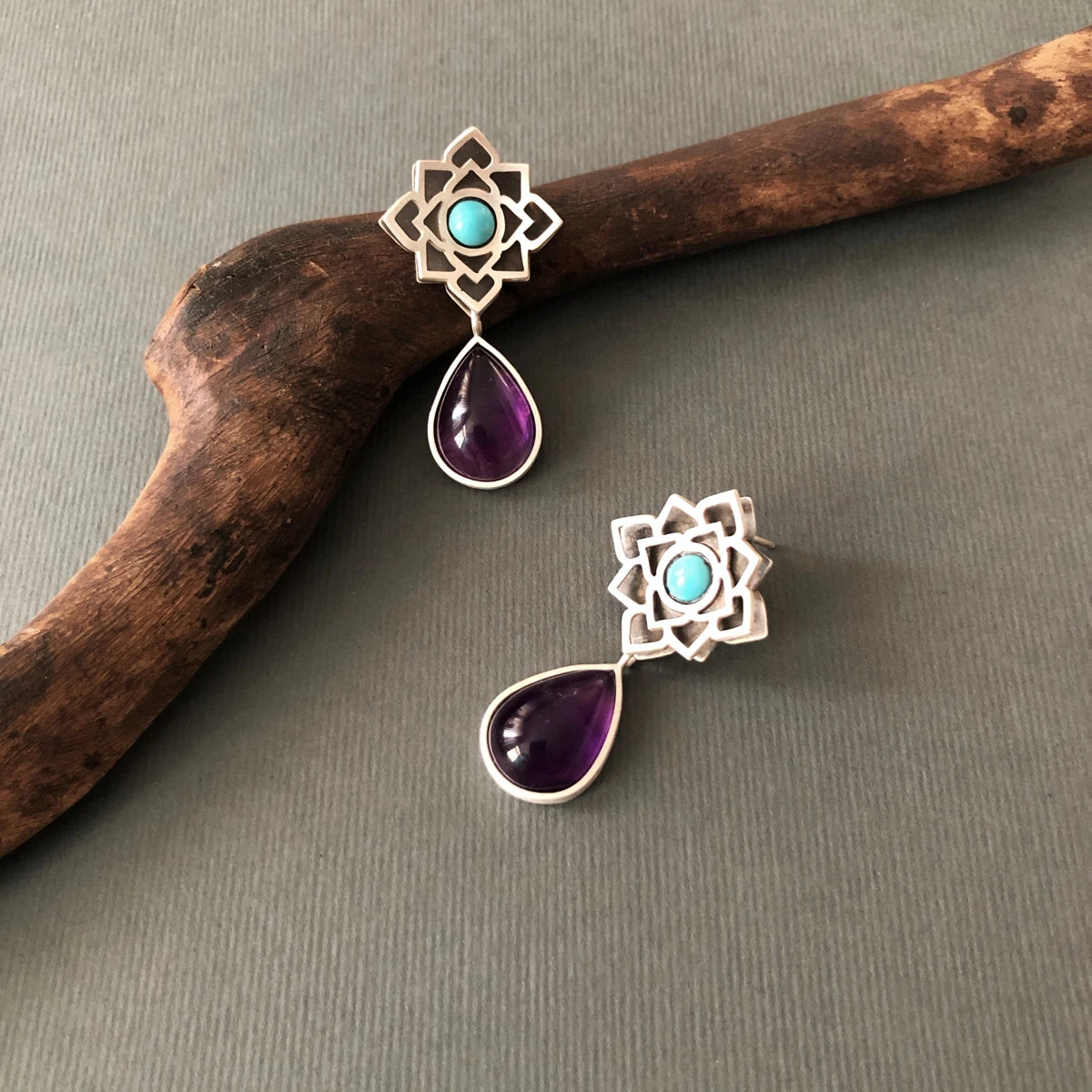 handmade geometric silver stud earrings with turquoise and amethyst