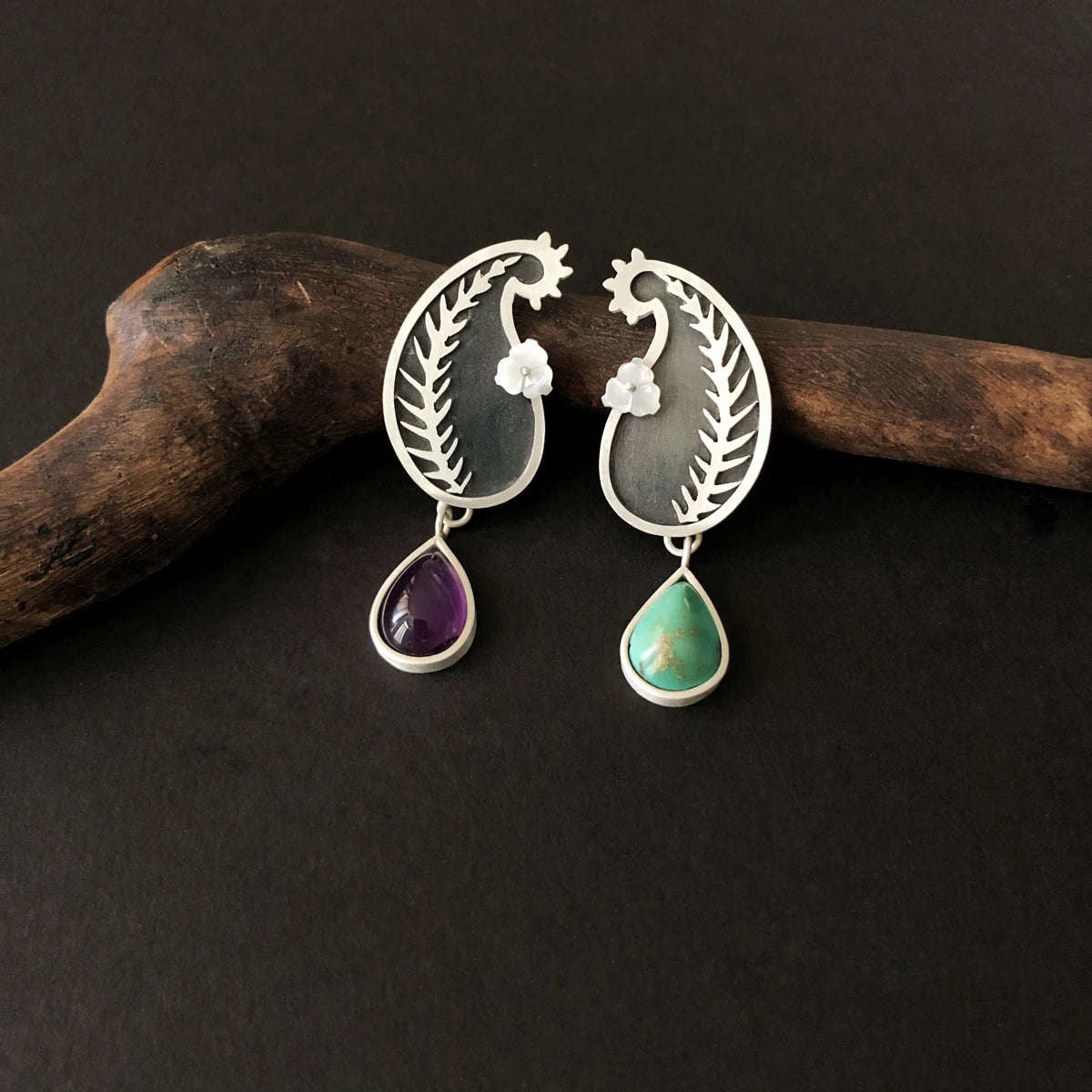 handmade silver mismatched stud earrings with amethyst, turquoise and mother of pearl