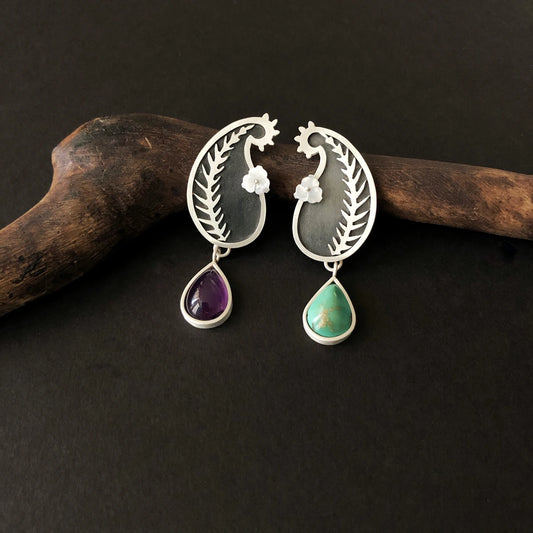 handmade silver mismatched stud earrings with amethyst, turquoise and mother of pearl