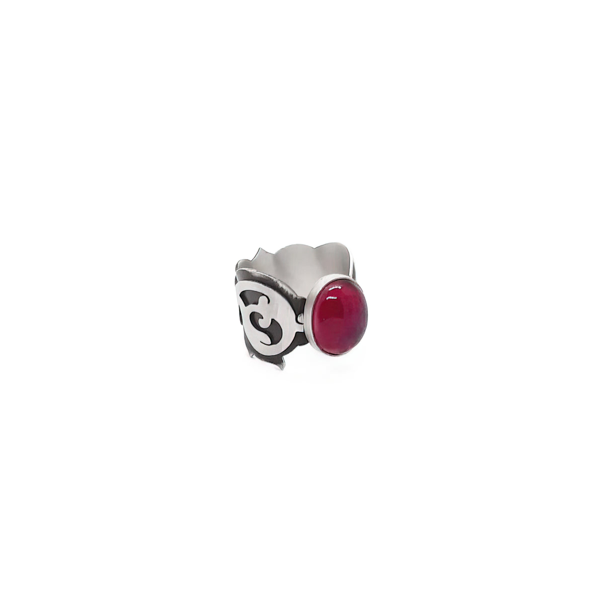 handmade silver statement ring decorated with oval ruby
