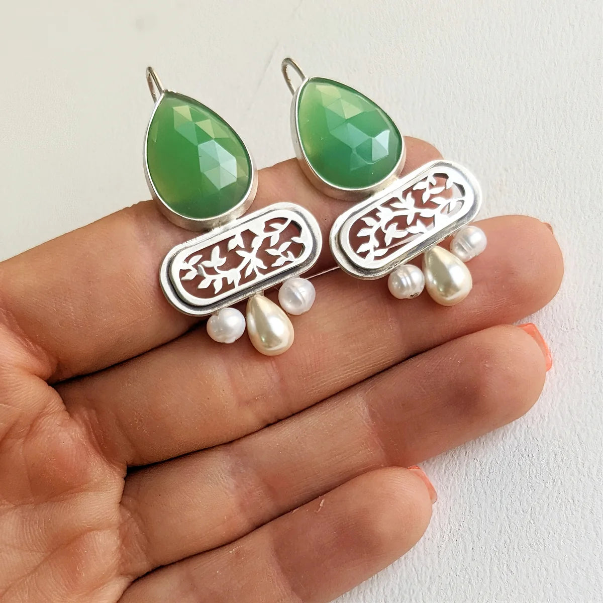 handmade statement drop silver earrings with faceted green onyx and pearls
