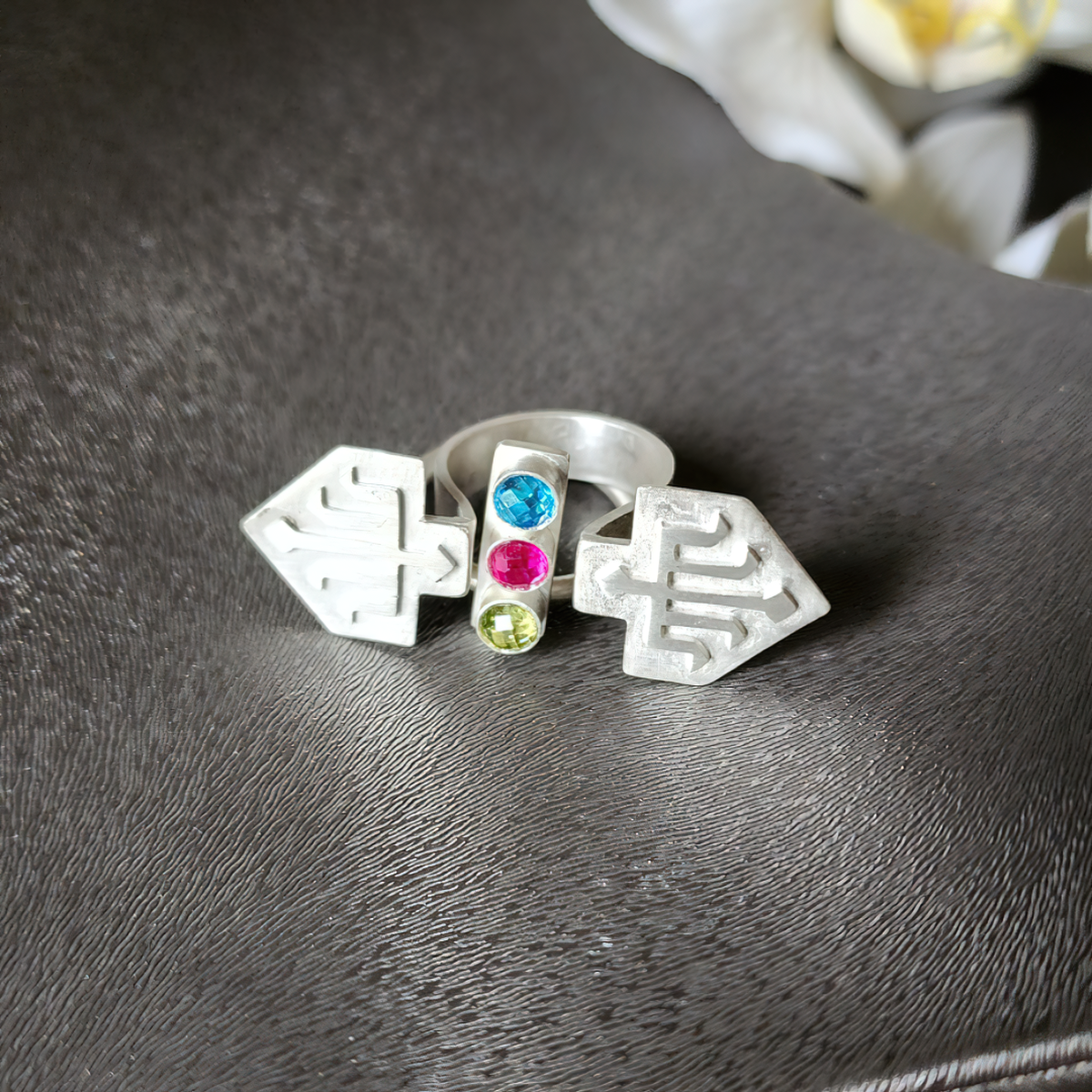 handmade two-piece silver statement ring with colorful crystals