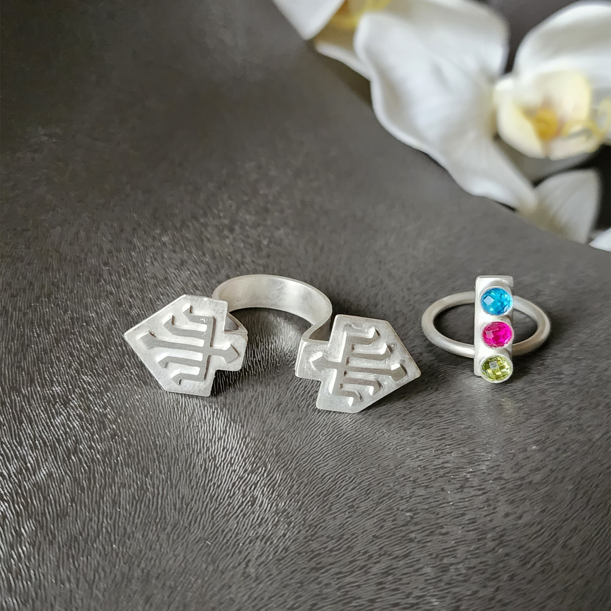 handmade two-piece silver statement ring with colorful crystals