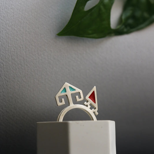 handmade minimalist matching silver rings with blue and red enamel